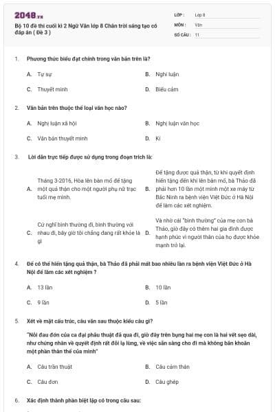 Bộ 10 đề thi cuối kì 2 Ngữ Văn lớp 8 Chân trời sáng tạo có đáp án ( Đề 3 )