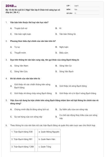 Bộ 10 đề thi cuối kì 2 Ngữ Văn lớp 8 Chân trời sáng tạo có đáp án ( Đề 4 )