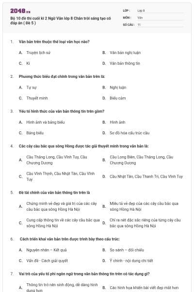 Bộ 10 đề thi cuối kì 2 Ngữ Văn lớp 8 Chân trời sáng tạo có đáp án ( Đề 5 )