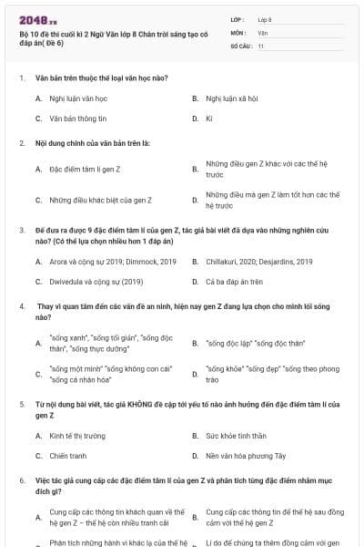 Bộ 10 đề thi cuối kì 2 Ngữ Văn lớp 8 Chân trời sáng tạo có đáp án( Đề 6)