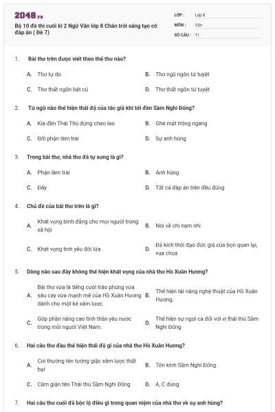 Bộ 10 đề thi cuối kì 2 Ngữ Văn lớp 8 Chân trời sáng tạo có đáp án ( Đề 7)