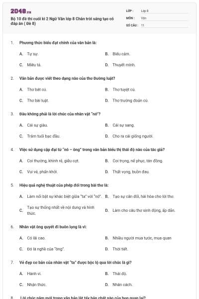 Bộ 10 đề thi cuối kì 2 Ngữ Văn lớp 8 Chân trời sáng tạo có đáp án ( Đề 8)