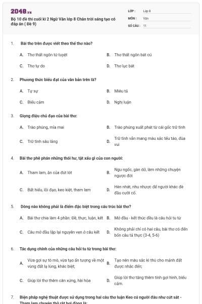Bộ 10 đề thi cuối kì 2 Ngữ Văn lớp 8 Chân trời sáng tạo có đáp án ( Đề 9)