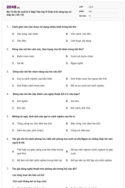 Bộ 10 đề thi cuối kì 2 Ngữ Văn lớp 8 Chân trời sáng tạo có đáp án ( Đề 10)