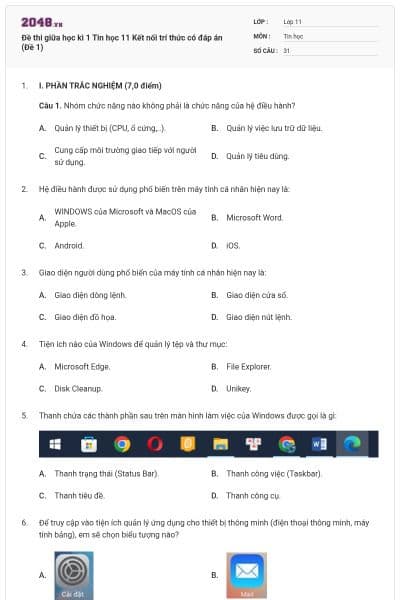 Đề thi giữa học kì 1 Tin học 11 Kết nối trí thức có đáp án (Đề 1)