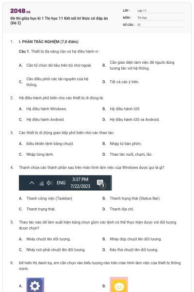 Đề thi giữa học kì 1 Tin học 11 Kết nối trí thức có đáp án (Đề 2)