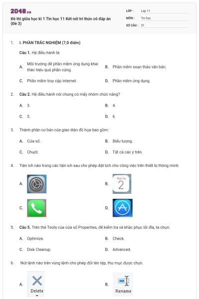 Đề thi giữa học kì 1 Tin học 11 Kết nối trí thức có đáp án (Đề 3)