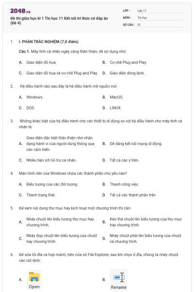 Đề thi giữa học kì 1 Tin học 11 Kết nối trí thức có đáp án (Đề 4)