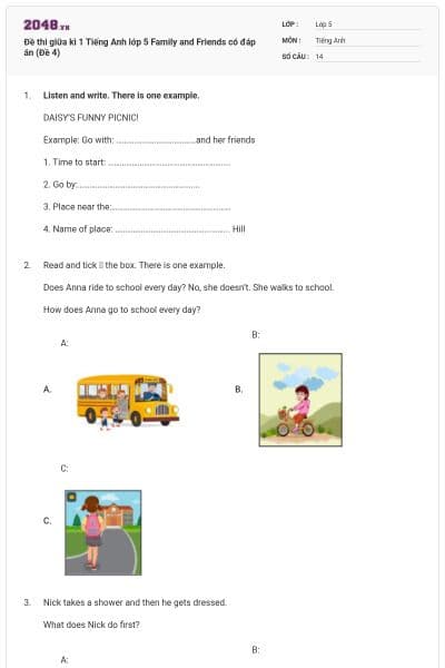 Đề thi giữa kì 1 Tiếng Anh lớp 5 Family and Friends có đáp án (Đề 4)