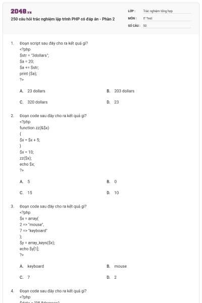 250 câu hỏi trắc nghiệm lập trình PHP có đáp án - Phần 2