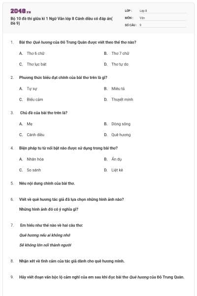 Bộ 10 đề thi giữa kì 1 Ngữ Văn lớp 8 Cánh diều có đáp án( Đề 9)