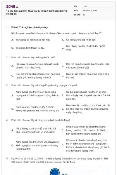 15 câu Trắc nghiệm Khoa học tự nhiên 9 Cánh diều Bài 13 có đáp án
