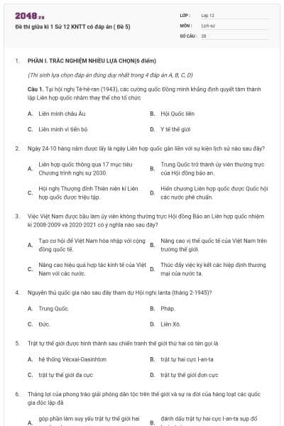 Đề thi giữa kì 1 Sử 12 KNTT có đáp án ( Đề 5)
