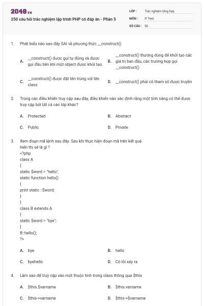250 câu hỏi trắc nghiệm lập trình PHP có đáp án - Phần 5