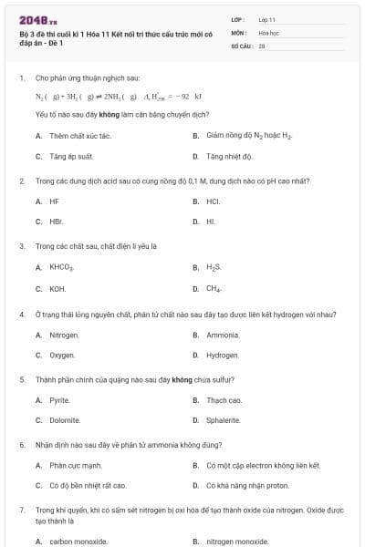 Bộ 3 đề thi cuối kì 1 Hóa 11 Kết nối tri thức cấu trúc mới có đáp án - Đề 1