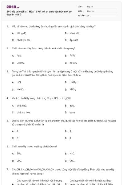 Bộ 3 đề thi cuối kì 1 Hóa 11 Kết nối tri thức cấu trúc mới có đáp án - Đề 2