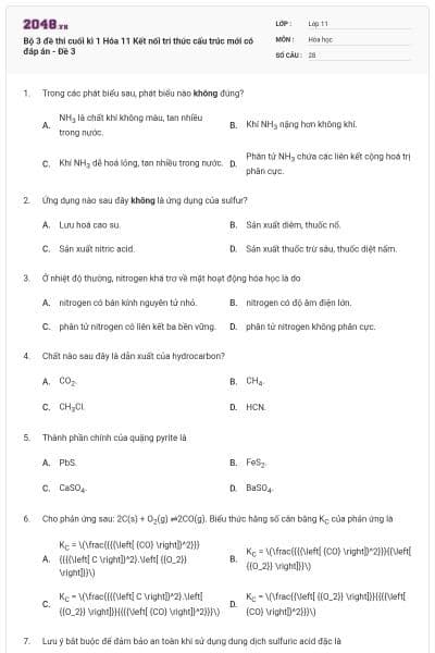 Bộ 3 đề thi cuối kì 1 Hóa 11 Kết nối tri thức cấu trúc mới có đáp án - Đề 3
