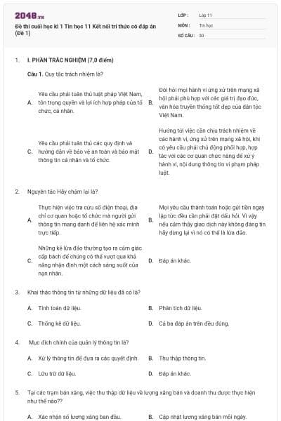 Đề thi cuối học kì 1 Tin học 11 Kết nối trí thức có đáp án (Đề 1)
