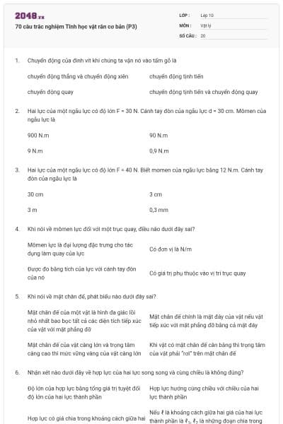 70 câu trắc nghiệm Tĩnh học vật rắn cơ bản (P3)
