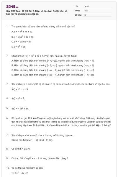 Giải SBT Toán 10 CD Bài 2. Hàm số bậc hai. Đồ thị hàm số bậc hai và ứng dụng có đáp án