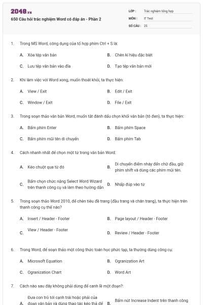 650 Câu hỏi trắc nghiệm Word có đáp án - Phần 2