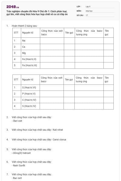 Trắc nghiệm chuyên đề Hóa 9 Chủ đề 1: Cách phân loại, gọi tên, viết công thức hóa học hợp chất vô cơ có đáp án