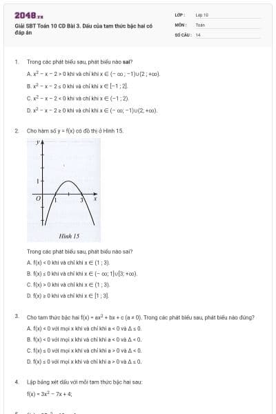 Giải SBT Toán 10 CD Bài 3. Dấu của tam thức bậc hai có đáp án