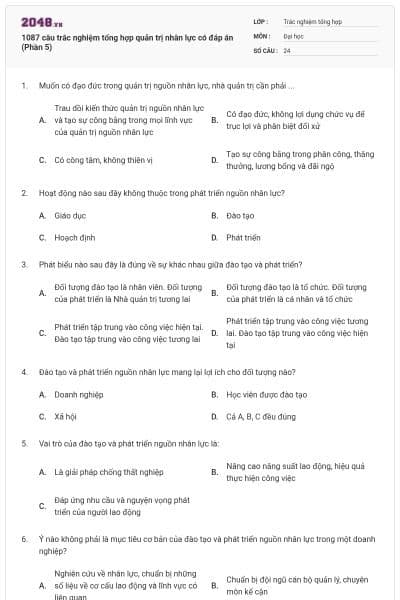 1087 câu trắc nghiệm tổng hợp quản trị nhân lực có đáp án (Phần 5)