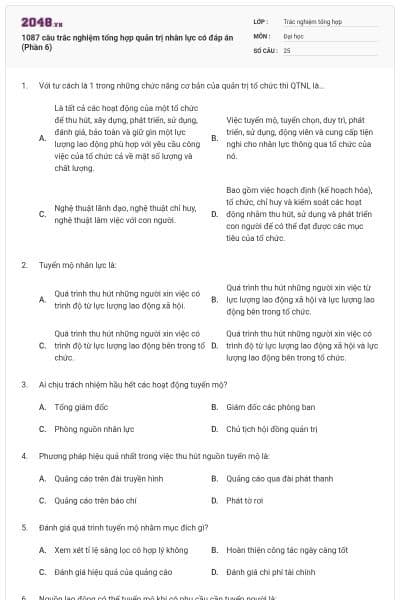 1087 câu trắc nghiệm tổng hợp quản trị nhân lực có đáp án (Phần 6)