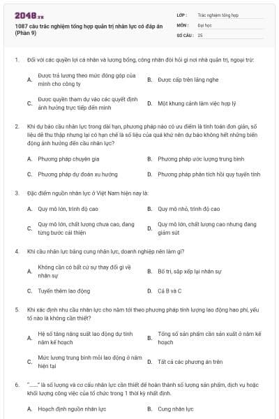 1087 câu trắc nghiệm tổng hợp quản trị nhân lực có đáp án (Phần 9)