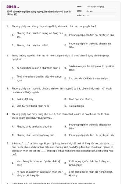 1087 câu trắc nghiệm tổng hợp quản trị nhân lực có đáp án (Phần 10)