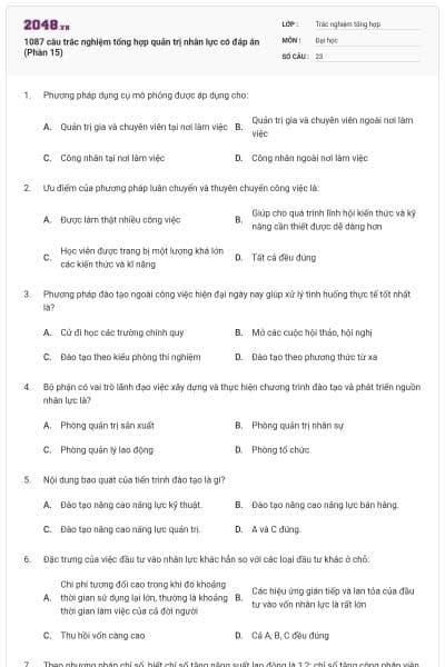 1087 câu trắc nghiệm tổng hợp quản trị nhân lực có đáp án (Phần 15)