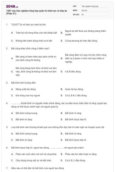 1087 câu trắc nghiệm tổng hợp quản trị nhân lực có đáp án (Phần 21)