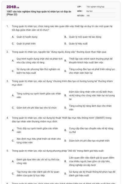 1087 câu trắc nghiệm tổng hợp quản trị nhân lực có đáp án (Phần 23)