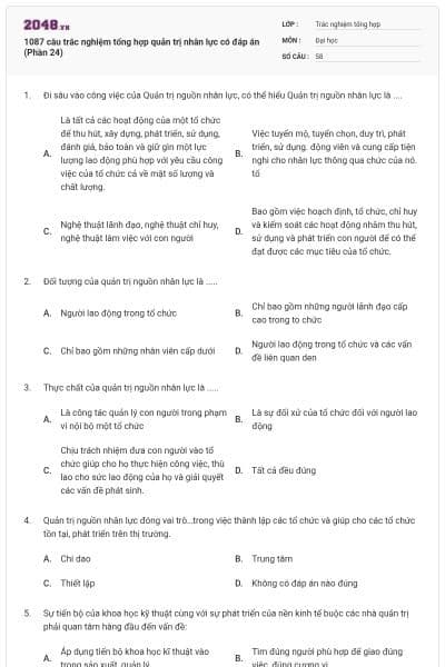 1087 câu trắc nghiệm tổng hợp quản trị nhân lực có đáp án (Phần 24)