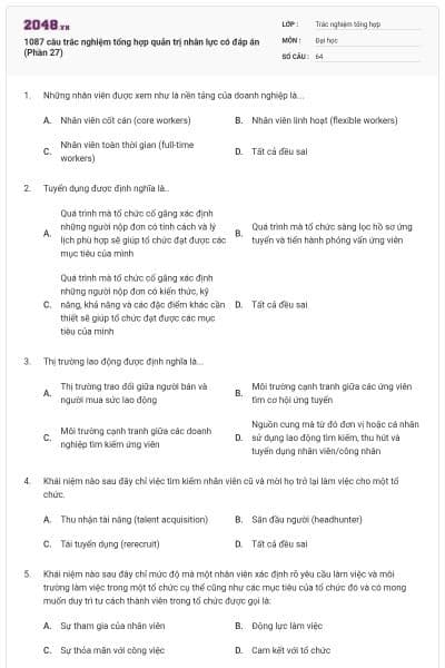 1087 câu trắc nghiệm tổng hợp quản trị nhân lực có đáp án (Phần 27)