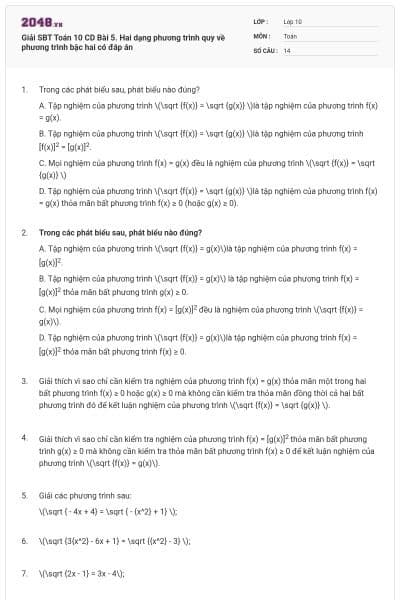 Giải SBT Toán 10 CD Bài 5. Hai dạng phương trình quy về phương trình bậc hai có đáp án