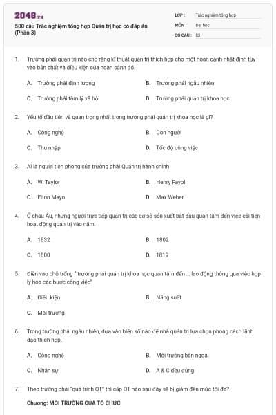 500 câu Trắc nghiệm tổng hợp Quản trị học có đáp án (Phần 3)