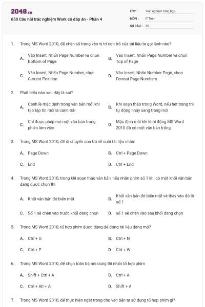 650 Câu hỏi trắc nghiệm Work có đáp án - Phần 4