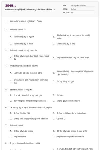 690 câu trắc nghiệm Ký sinh trùng có đáp án - Phần 13