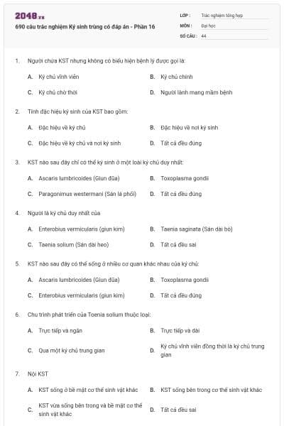 690 câu trắc nghiệm Ký sinh trùng có đáp án - Phần 16