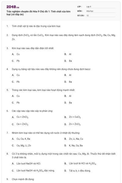 Trắc nghiệm chuyên đề Hóa 9 Chủ đề 1: Tính chất của kim loại (có đáp án)
