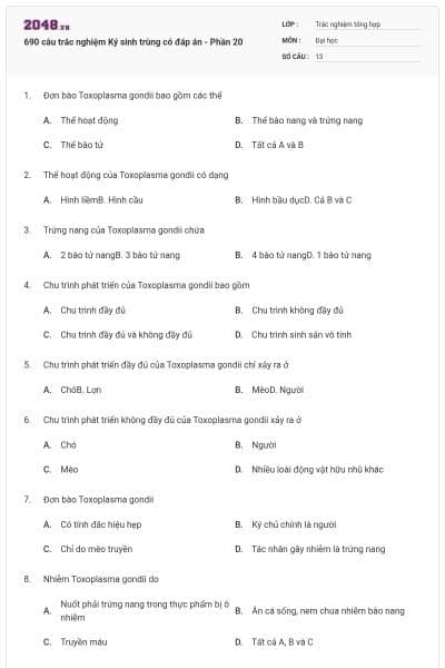 690 câu trắc nghiệm Ký sinh trùng có đáp án - Phần 20