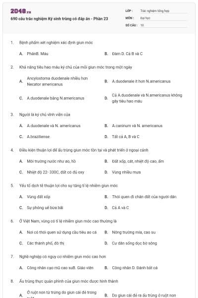 690 câu trắc nghiệm Ký sinh trùng có đáp án - Phần 23