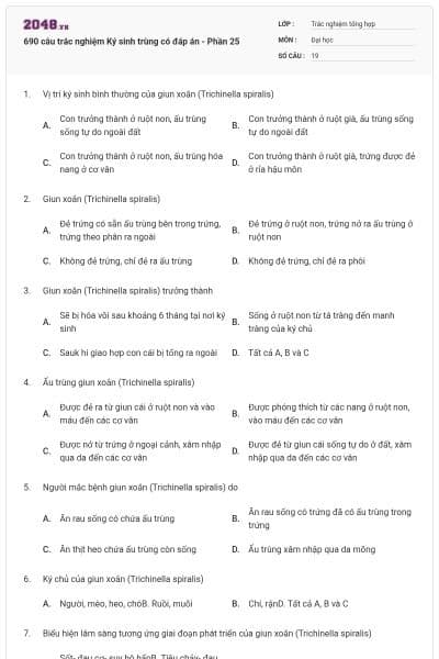 690 câu trắc nghiệm Ký sinh trùng có đáp án - Phần 25