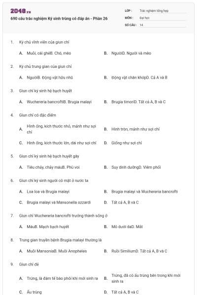 690 câu trắc nghiệm Ký sinh trùng có đáp án - Phần 26