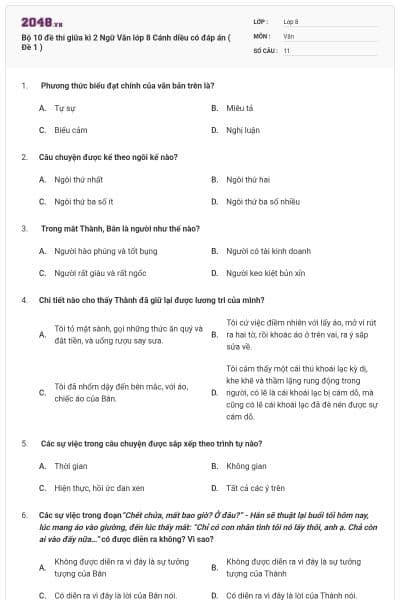 Bộ 10 đề thi giữa kì 2 Ngữ Văn lớp 8 Cánh diều có đáp án ( Đề 1 )