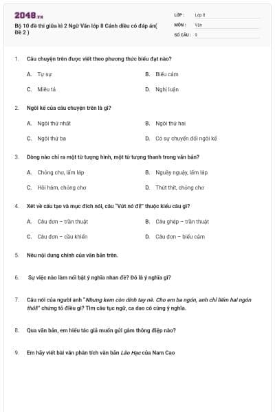 Bộ 10 đề thi giữa kì 2 Ngữ Văn lớp 8 Cánh diều có đáp án( Đề 2 )