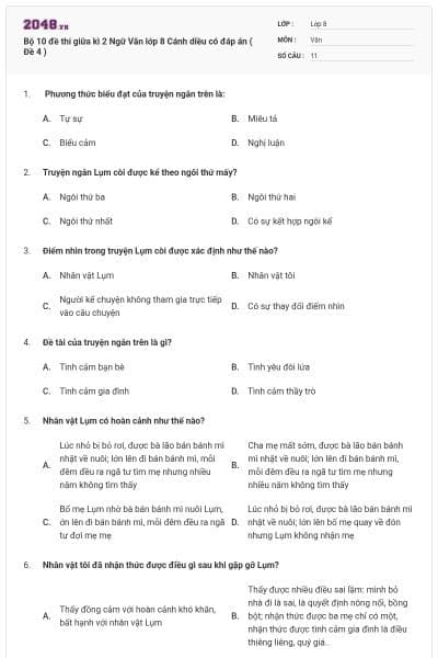 Bộ 10 đề thi giữa kì 2 Ngữ Văn lớp 8 Cánh diều có đáp án ( Đề 4 )