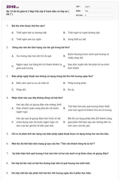 Bộ 10 đề thi giữa kì 2 Ngữ Văn lớp 8 Cánh diều có đáp án ( Đề 7 )